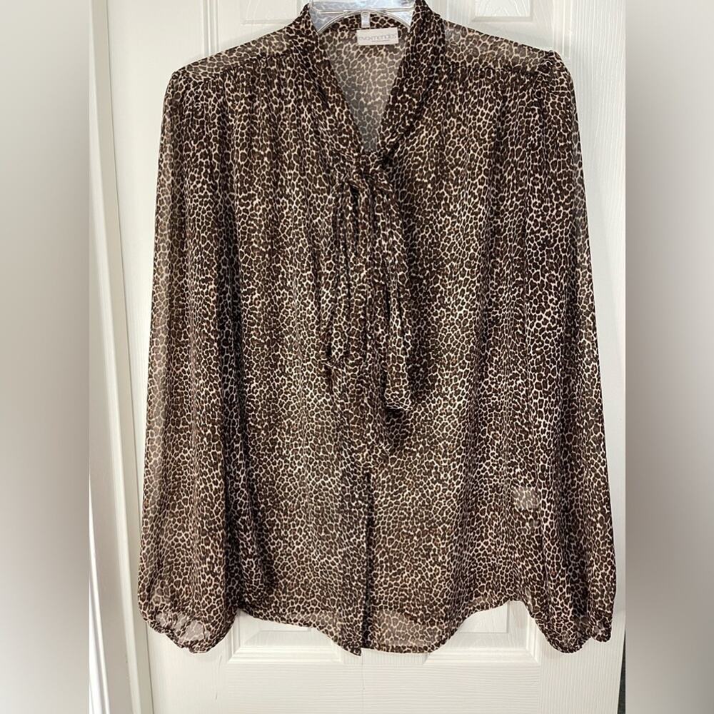New York & Company Brown Animal Print Sheer Button Front Tie Blouse Size medium